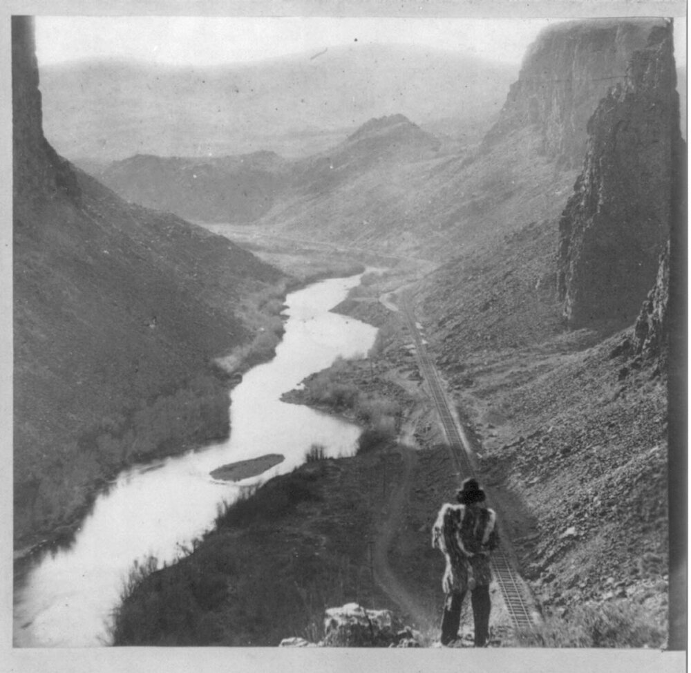 Figure 4: An Indigenous person of the Shoshone tribe looking at the Central Pacific Railroad. Source: Library of Congress